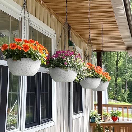 T4U Plastic Hanging Baskets 2-Pack - 12 Inch Large Hanging Flower Planter with Drainage Hole for Indoor Outdoor Plants, Round Plant Pot for Home Garden Porch Balcony Patio Decor (White) - color: White, size: 12 In