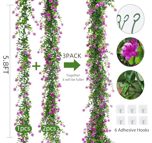 RECUTMS Hanging Garland Plants Artificial Flowers Fake Eucalyptus Greenery Garlands Leaf Garland with Flowers Hanging Faux Vine Plants for Spring Wedding Arch Backdrop Wall Decor 3 Pcs (Fuchsia) - color: Fuchsia