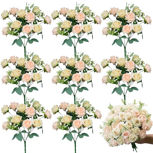 8 Pack Rose Artificial Flowers Bouquet, 10 Small Silk Rose Heads Per Pack, Fake Roses Bunches for Wedding Table Centerpieces Bridal Bouquet Mother's Day Valentine's Day Home Decor, Champagne - color: Champagne