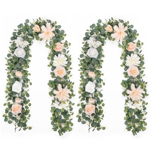 Waipfaru 2Pcs 6Ft Eucalyptus Greenery Garland with Flowers, Flower Rose Garland Decorations for Wedding Table Runner Centerpieces Backdrop Party Room Decor (White) - color: Champagne-6.07ft, size: 2 Pack