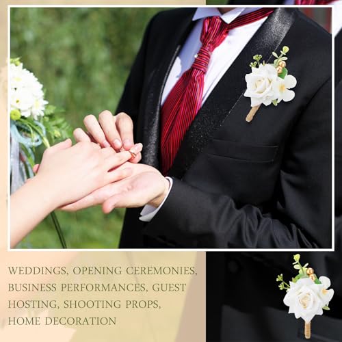 Sherr 12 Pcs Boutonniere for Men Wedding Flower Boutonniere Rose Corsage Set with Pin for Groom Groomsmen Prom Western Wedding Anniversary Dinner Fall Party Decor(White) - color: White