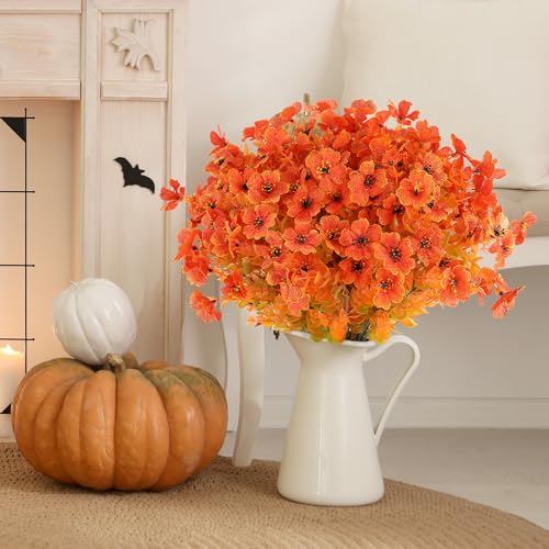 AmyHomie 16 Bundles Fall Orange Artificial Flowers for Outdoor Fall Decor UV Resistant Faux Flowers No Fade Fake Plastic Plants Garden Porch Window Box Decorating - color: Fall Orange-eucalyptus, size: 16