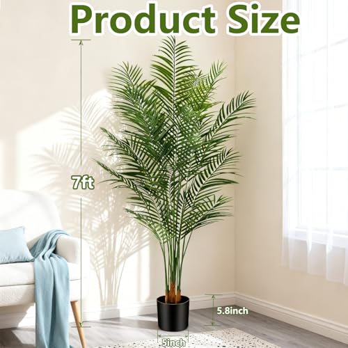 Artificial Areca Palm Plant 7Ft Fake Tropical Palm Tree Perfect Faux Dypsis Lutescens Plants in Pot for Indoor Outdoor House Home Office Garden Modern Decoration Housewarming Gift - size: 7ft