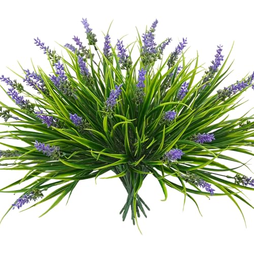 obbsie 12 Bundles Artificial Plants Outdoor, 18.2" UV Resistant Faux Monkey Grass Greenery Stems No Fade Faux Plastic Flowers Shrubs for Home Weddings Garden Porch Front Patio Office Decor - Purple - color: Purple, size: 12 Pcs