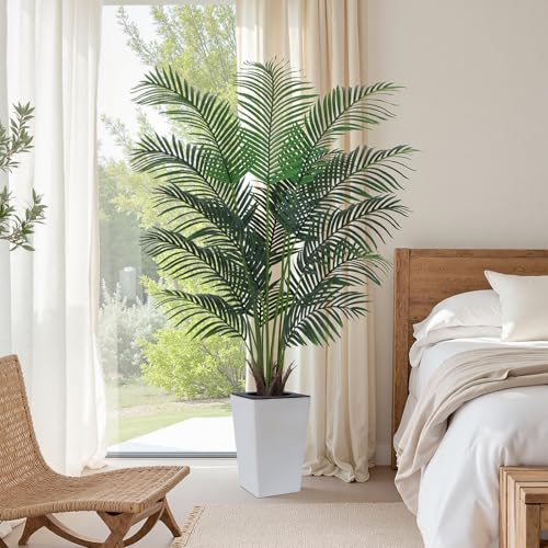 Artificial Palm Tree with White Tall Planter, 6ft Tall Potted Artificial Silk Palm Tree Plant, Fake Tropical Plant, Home Office Floor Room Decor Plants Indoor Outdoor, Housewarming Gift - size: 6ft