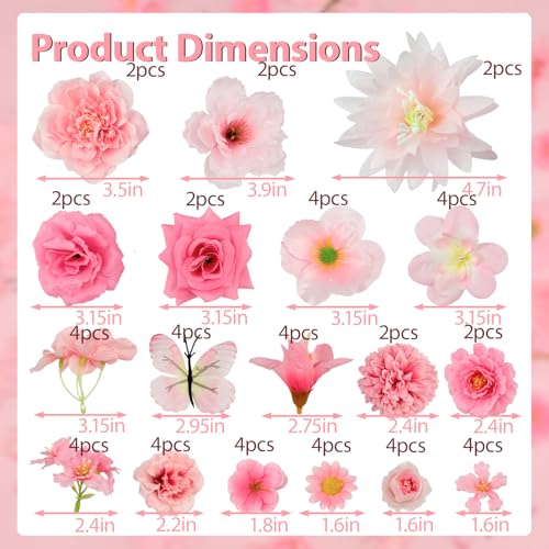 Artificial Flowers Heads Pink Silk Faux Flower Heads Fake Roses Peonies Lily Daisy Flowers Bulk for DIY Craft Cake Wedding Party Bridal Baby Shower Graduation Cap Table Home Decoration - color: Pink