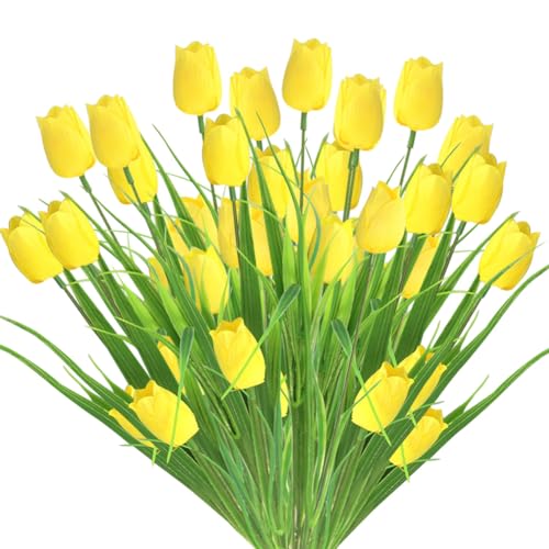 10 Bundles Artificial Tulips Flowers Outdoor,16.5 inch UV Resistant Fake Tulips Real Touch Flowers,Faux Tulips Realistic Flowers for Home Garden Outside Wedding Decor (Yellow) - color: Yellow