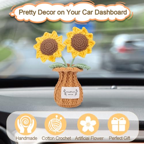 Sunflower Crochet Flower Plant, Small Cute Handmade Knitted Flowers with Vase, Small Crochet Potted Artificial Flower Plants for Desk Home Car Dashboard Office Decorations (Sunflower) - color: Sunflower