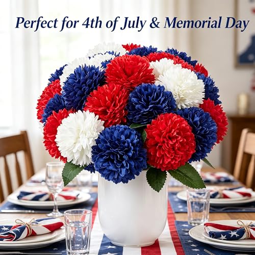 SITUMEIZI 12 Pcs Artificial Chrysanthemums Flowers Patriotic Red White Blue Fake Mums Silk 4th of July Decorations Memorial Day Table Centerpiece Floral Arrangement for Home Kitchen Wedding - color: Red/Blue/White, size: 12 Pieces