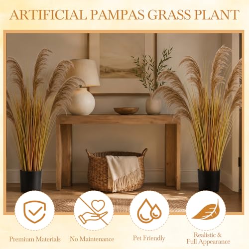 Jexine 2 Pcs Pampas Grass Potted Plants 4 ft Tall Artificial Grass Potted Artificial Greenery Floor Plants Tall in Pot for Housewarming Gift House Garden Bathroom Lobby Outdoor Decoration (Autumn) - color: Mainly Yellow, size: 4 ft