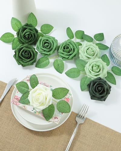 DuHouse 25Pcs Artificial Roses Flowers Fake Roses with Stems Real Touch Foam Flowers for DIY Wedding Bouquet Centerpiece Floral Arrangement Party Home Decor(Ivory Green) - color: Ivory Green, size: 25pcs
