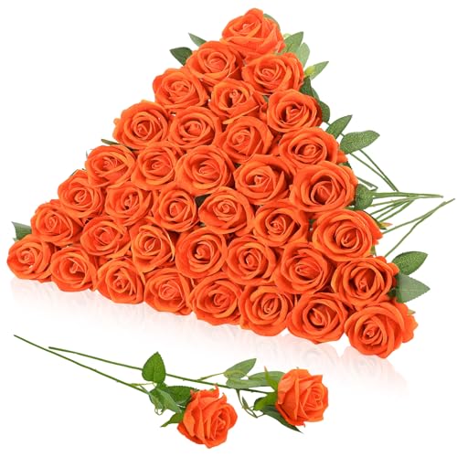 36 Pcs Velvet Burnt Orange Artificial Flowers Bouquet, Fake Rose Long Stem Realistic Fall Bridal Shower Decorations Bulk for Halloween Thanksgiving DIY Wedding Ball Arrangement - color: Orange