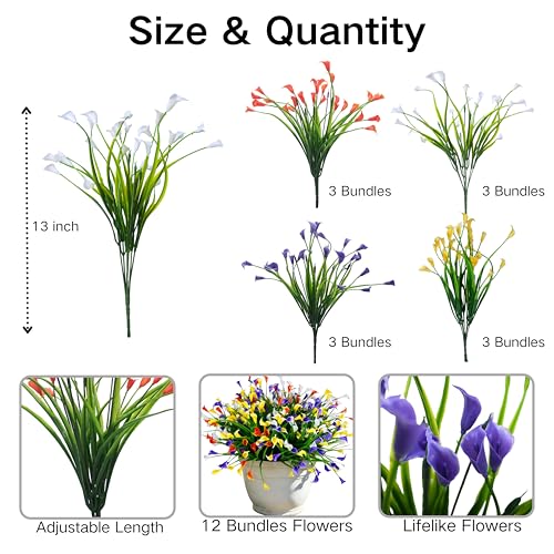 INXUGAO 12 Bundles Calla Lily Artificial Flowers for Outdoors, UV Resistant Faux Plastic Flowers for Home Porch Yards, Fake Plants for Spring Summer Cemetery Decor (Mix Color) - color: Mix Color, size: 12 Pcs
