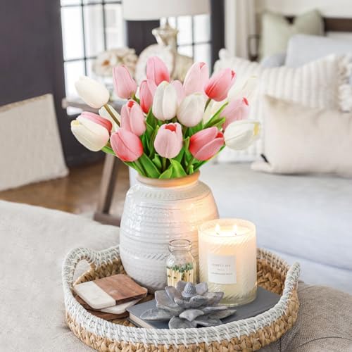 Beferr 18pcs Tulips Artificial Flowers Faux Tulip Real Touch Tulip Fake Flowers Bouquets Arrangements for Mothers Day Spring Easter Wedding Home Table Decor Coral Pink - color: N-18pcs-1colors-coral Pink, size: 18PCS
