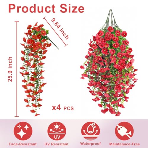 Artificial Hanging Flowers for Outdoors, 4Pcs UV Resistant Faux Morning Glory Flowers Spring Summer Decroation, No Fade Fake Flower Trailing Vines for Porch Patio Balcony Yard Garden (Red) - color: Red