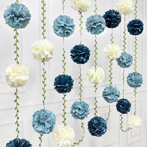 Dusty Blue Party Decorations Dusty Navy Blue Beige Tissue Paper Flowers Pom Pom with Leaf Ribbon Hanging Garland Streamer for Birthday Baby Shower Wedding Graduation Retirement Nautical Party Supplies - color: Dusty Blue Beige