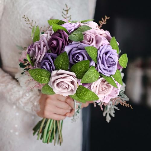 100 Pcs Artificial Foam Rose Flower Faux Bouquet Wedding Fake Rose Gift for Mother's Day Women DIY Bridal Shower Party Table Birthday Home Spring Decor (Gradient Light Purple) - color: Gradient Light Purple