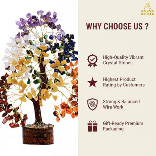7 Chakra Tree of Life Crystal Tree | 300 Natural Gemstone Beads | Healing Crystal Tree for Housewarming, Positive Energy, Money & Good Luck | Birthday Gift for Women, Men, Mom, Sister & Friends - color: #3 Seven Chakra Golden Wire Tree (300 Beads)