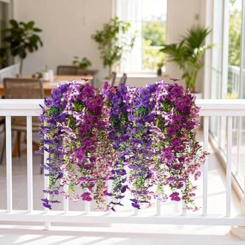 Fake Artificial Flowers for Outdoors, 4 Pcs Faux Hanging Pansy Flowers Spring Summer Decor, UV Resistant No Fade Fake Plants Silk Flower for Planter Front Door Porch Patio Yard Garden(Mixd Purple) - color: Mixd Purple