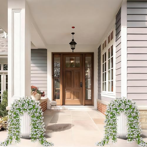 Betylifoy Artificial Hanging Flowers for Outdoors Summer Decor 2PCS Fake Hanging Plants UV Resistant Faux Silk Violet Flowers White Greenery Trailing Vines for Indoor Outside Garden Porch Decor - color: White