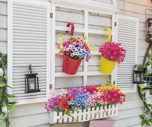 Bassion 24 Bundles Artificial Flowers for Outdoors Decoration, UV Resistant Mixed Color Silk Fake Faux Flowers Artificial Plants for Outside Window Box Porch Garden Home Decor - color: Mix Color