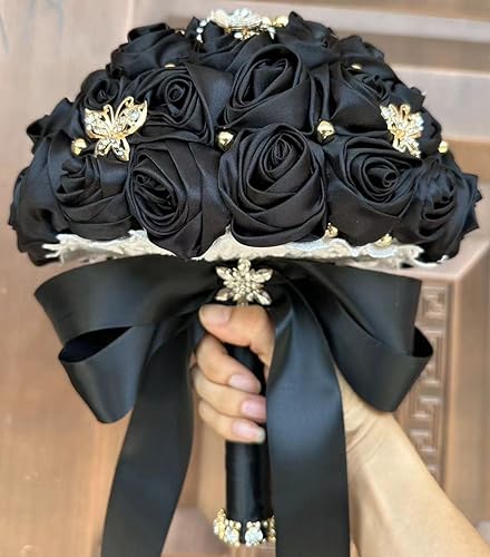 5.9" Mini Bridal Bouquet Handmade Satin Rose Round Wedding Bouquet Throw Toss Artificial Flower Bunch Black - color: 809a Black, size: 5.9"/15cm