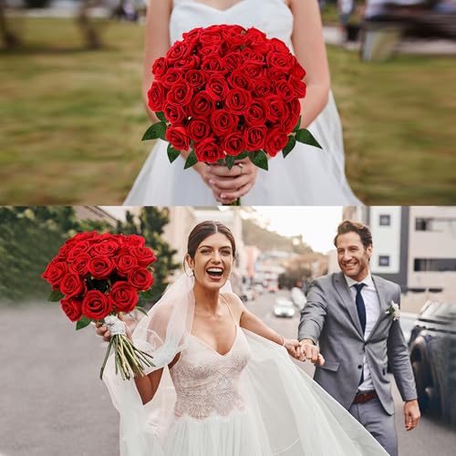 Sggvecsy 50 Pcs Artificial Roses Red Flowers Fake Velvet Silk Roses with Stems Bulk Realistic Faux Flowers for Bridal Bouquets Wedding Centerpieces Valentines Day DIY Home Party Decor (Red) - color: Red