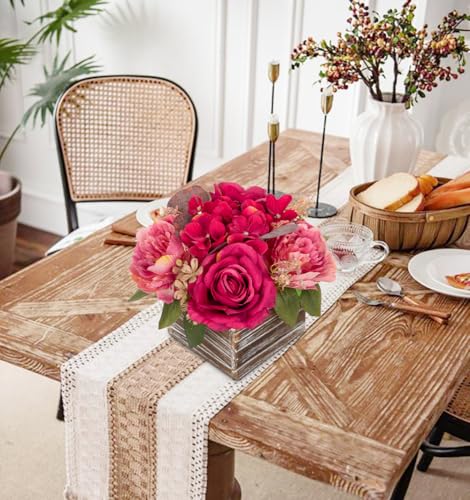 Flower Arrangement with Wooden Vase 8" Artificial Flowers in Pot - Fake Flowers Roses Peonies Hydrangeas in Wooden Vase Potted Artificial Flower Centerpieces for Table Decor Living Room - Hot Pink - color: 8"h Hot Pink
