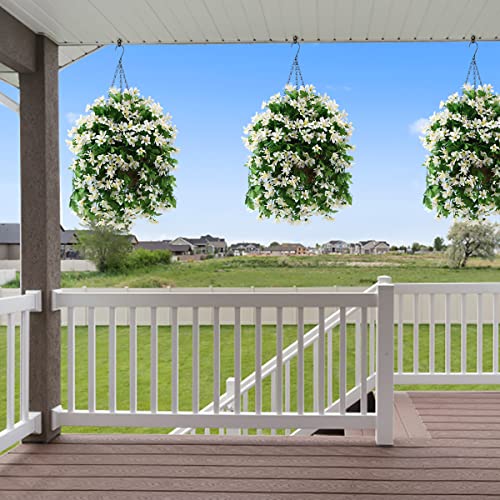 INQCMY Artificial Hanging Flowers in Basket for Patio Garden Decoration,Faux Silk Violet in Planter UV Resistant Realistic for Outside Home Porch Balcony Yard Decor(White) - color: White