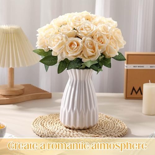 Hotop 20 Pcs Artificial Rose Flowers with Long Stem, Real Lifelike Silk Realistic Plastic Bouquet Roses Bulk for Home Decor Bridal Wedding Party Table Centerpieces Decorations(Champagne) - color: Champagne
