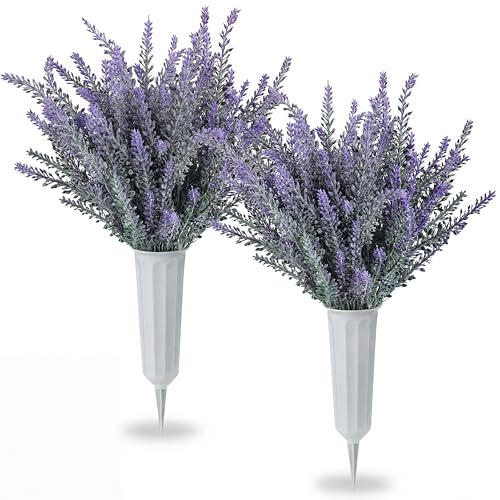 Thiccywoov 2 Sets Spring Lavender Cemetery Flowers with Vase for Grave 12 Bundles Flocked Plastic Lavender Artificial Flowers for Spring Cemetery Headstones Decoration - color: Purple, size: Lavender