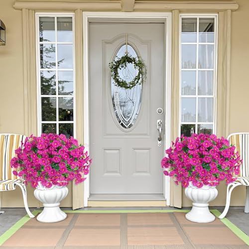 Ouddy Decor 24 Bundles Artificial Flowers for Outdoors Decoration Fake Silk Morning Glory Flowers Faux Eucalyptus Plants UV Resistant for Porch Patio Garden Spring Summer Home Decor, Fuchsia - color: Fuchsia