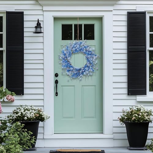 24 Inch Artificial Blue Forsythia Flower Wreath, Silk & Paper Bridal Floral Wreath for Front Door, Elegant Beach Nautical Themed Wedding & Spring Summer Decor, All Season Farmhouse Porch Wall Decor - color: Blue