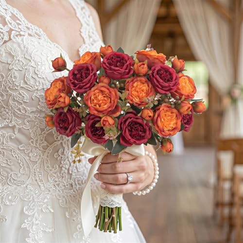 Artificial Peony Silk Flower Bouquet, Fake Burgundy Flowers Autumn Floral Arrangement for Wedding Party Table Centerpieces Home Kitchen Decor - color: Burgundy & Orange