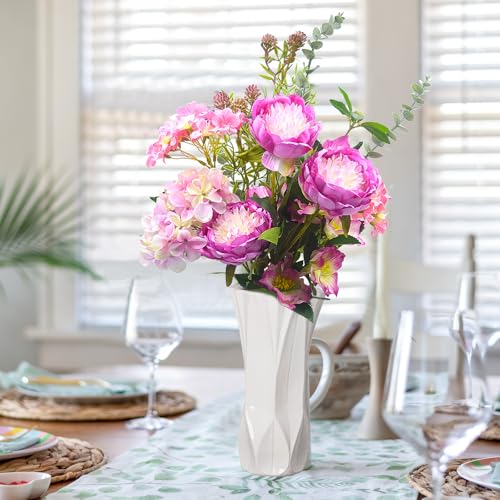 Artificial Flowers Bouquet – Fake Silk Hydrangea Peony and Eucalyptus Mix, Faux Flower Arrangements for Home, Office Decor and Dining Table Centerpieces (Pink &Magenta) - color: Pink &Magenta