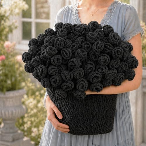 Crochet Flower Bouquet Throw Blanket, Cute Romantic Gift for Her Girlfriend Mom Mother’s Day Valentine Wedding Anniversary Birthday (Black, 32 inches) - color: Black, size: 32 inches