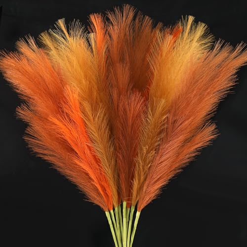 Agusbagli 8 Pcs Orange Faux Pampas Grass Decor 35“ Fluffy Fall Artificial Colored Pampas Grass Large Fake Pompous Grass Stems Tall Flower Arrangement Floor Vase Filler for Home Wedding Boho Decor - color: Orange & Caramel & Apricot