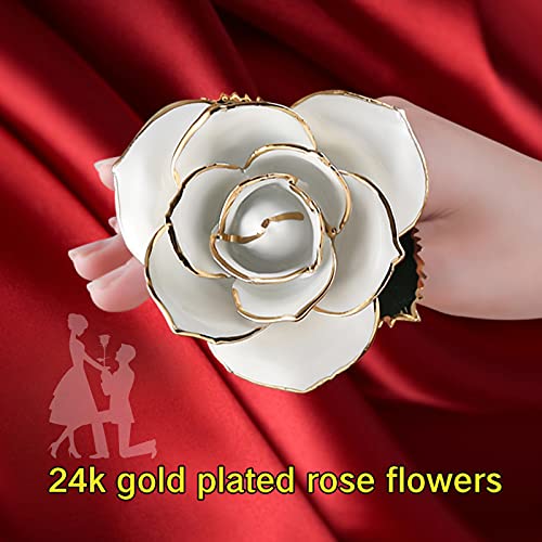 SW 24k Gold Dipped Real Rose Lasted Forever with Stand, White Gold Rose Gifts for Women Wife for Her, Christmas, Valentines Day, Mothers Day, Birthday - color: White