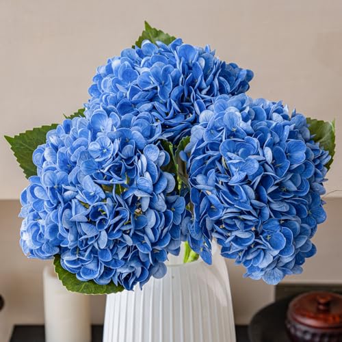 22" Large Real Soft Touch Artificial Hydrangea Flowers Bouquet Latex Hydrangeas for Wedding, Home, Office, Bridal Party Decoration Garden Office Room Table Centerpieces 3pcs Dark Blue - color: 3pcs Dark Blue