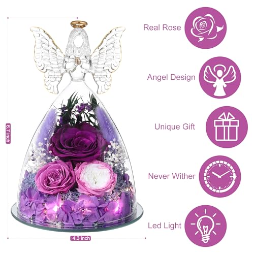 Mothers Day Rose Gifts for Women Preserved Real Flower in Glass Angel Figurines Roses for Delivery Prime Birthday Gifts for Mom Grandma Girlfriend Wife Her, Purple Austin Roses - color: Purple With Austin Roses