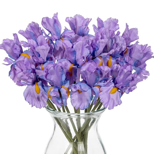 Hollyone Iris Artificial Flowers 15Pcs Faux Iris Flowers 14.2" Real Touch Light Purple Fake Flowers Picks Bouquets for Wedding Bridal Home Arrangements Office Table Centerpieces Decor - color: Light Purple