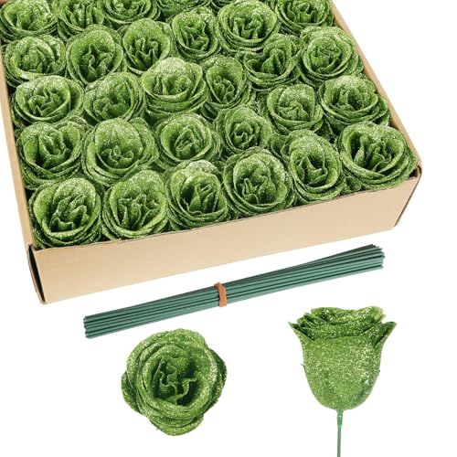 Artificial Roses,30PCS Green Glitter Flowers Faux Roses with Stems for Wedding Bouquet Party Christmas Home Decor(Green) - color: Green