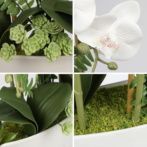 Briful Orchid Artificial Flowers 18in White Fake Orchid Silk Flowers with Ceramic Pot Faux Orchid Arrangement for Home Office Room Coffee Table Centerpiece Modern Decoration - color: White#1