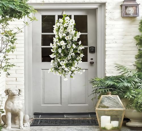 Artificial Flowers Garland 2PCS White Artificial Silk Morning Glory Vine Artificial Flowers Hanging Eucalyptus Garland for Wall Fence Arch UV Protected Indoor Outdoor Decor - color: White