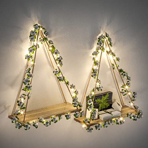 Artificial White Flower Garland with LED-Strip Wall Hanging Shelves Set of 2, Boho Shelves for Wall Décor, Macrame Wall Shelf for Bedroom Bathroom Living Room Kitchen (No Battery Included) - color: Flowera*2