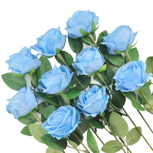 Kenpal Realistic Fake Roses Artificial Flowers with Stem for Decoration Floral Arrangement Centerpieces Wedding Bouquets (10, Sky Blue) - color: Sky Blue