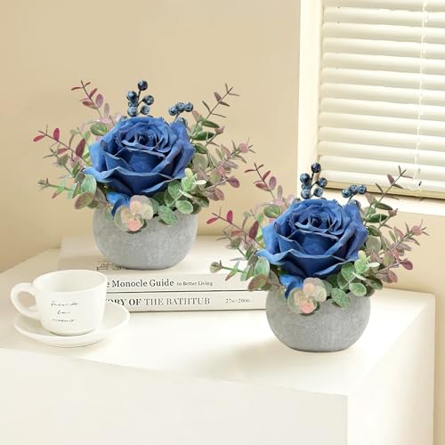 2 Pack Artificial Flowers with Pot, Blue Rose with Eucalyptus Fake Potted Flowers Small Faux House Plants for Indoor Home Office Room Desk Shelf Table Centerpieces - color: 2 Pack Blue Rose