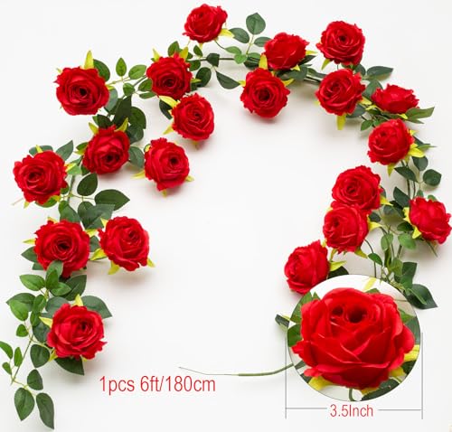 2Pcs 12Ft Bendable Artificial Flower Garland Faux Rose Vine Hanging Floral Garland for Wall Decor Trellis Fence Home Room Garden Wedding Decoration(Red, 2pcs) - color: Red, size: 2pcs
