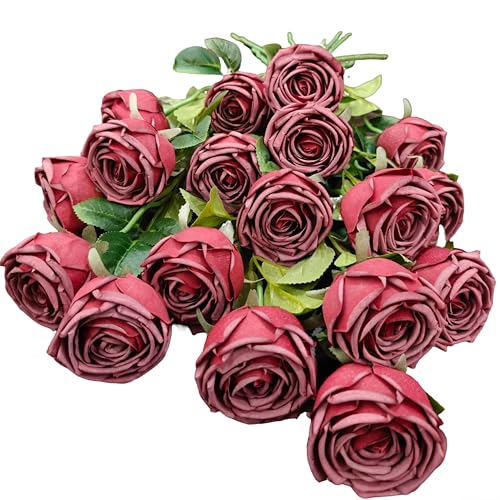 18pcs Artificial Roses, Realistic Fake Roses with Stems, Low Maintenance Real Touch Floral Decor for Home Wedding Table Centerpieces(18, Wine red) - color: Wine Red