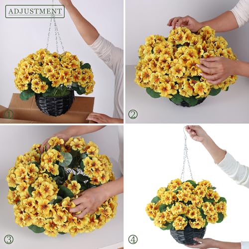 GLIDLION 2 Set Artificial Geraniums Flowers with Hanging Baskets for Outdoors - Sun Resistant Silk with Geranium Flowers, Fake Hanging Planters for Front Porch Garden Patio Home Decor (Yellow) - color: Yellow